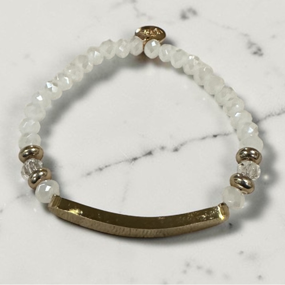 Elegant Plunder White Beaded Stretch Bracelet | Gold Bar Minimalist Jewelry